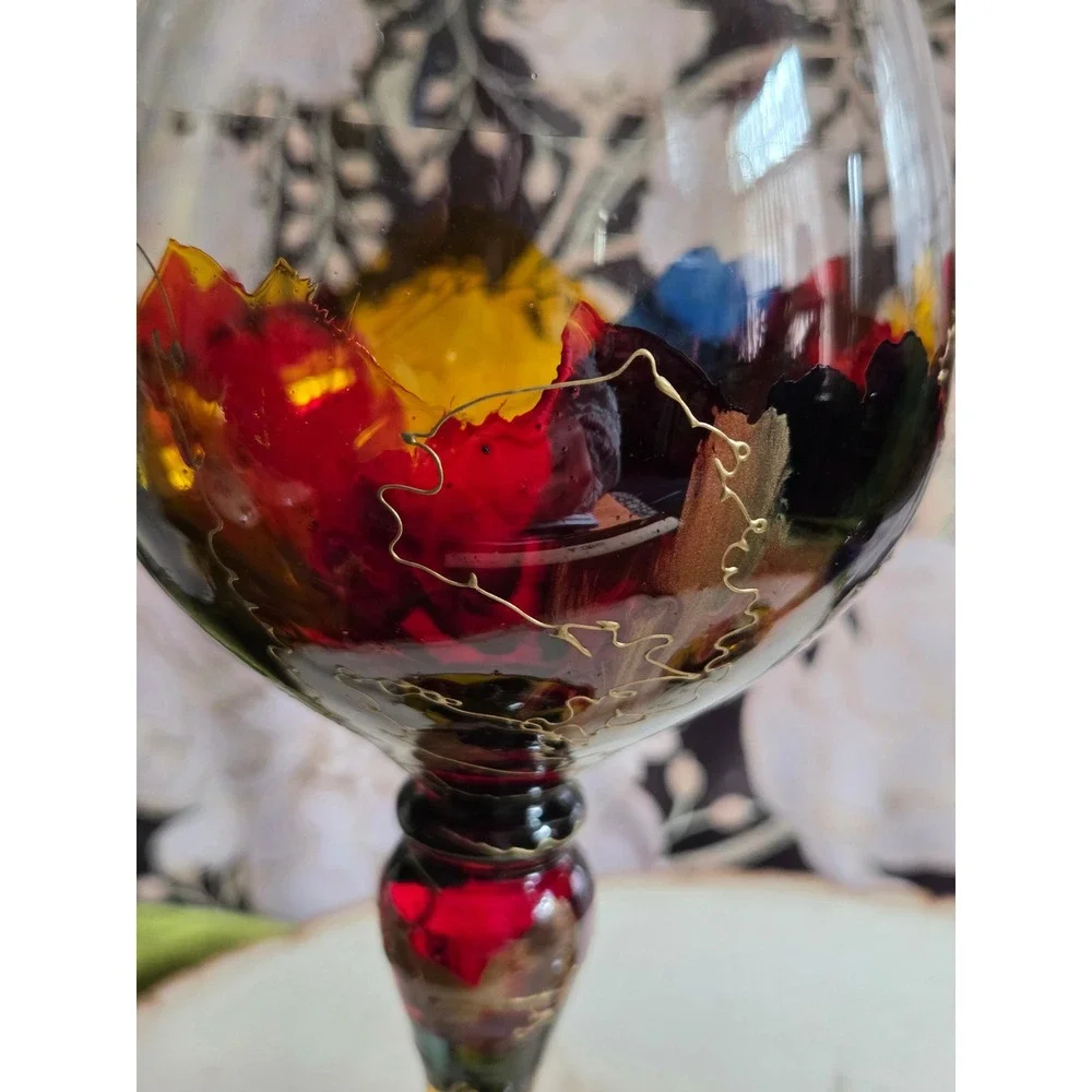 Euroglass‎ Stemware Hand Painted Abstract Wine Glasses Red Blue Yellow Gold Pair